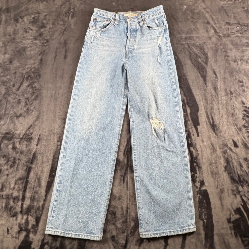 Levi's Ribcage Straight Ankle Jeans Womens 25 Light Blue Distressed Denim 3913